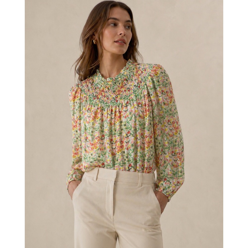 LOFT Floral Smocked High Neck Blouse XS NWT Pink Yellow Green Long Sleeve Top